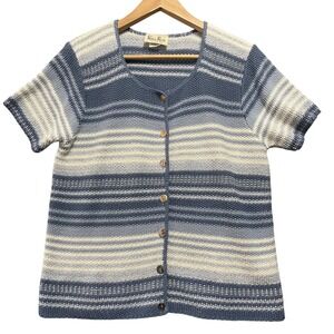Reba Rose Cardigan Sweater Womens Large Blue Striped Knit Grandmacore Coastal